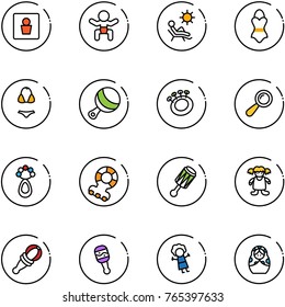 line vector icon set - male wc vector, baby, beach, swimsuit, beanbag, teethers, doll, russian