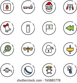 line vector icon set - male wc vector, baggage truck, santa claus, garland, bell, vial, dollar flag, fast backward, search money, dragonfly, wireless lock, crown drill, jack, ball, doll