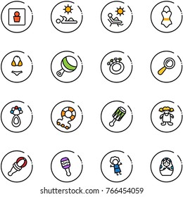 line vector icon set - male wc vector, reading, beach, swimsuit, beanbag, teethers, doll, russian