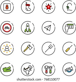 line vector icon set - male wc vector, christmas sock, star, pound, no bike road sign, rocket, paper fly, presentation, man, axe, farm fork, awl, crocodile, dinosaur toy, shovel, horn