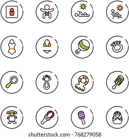 line vector icon set - male wc vector, baby, reading, beach, swimsuit, beanbag, teethers, doll, russian