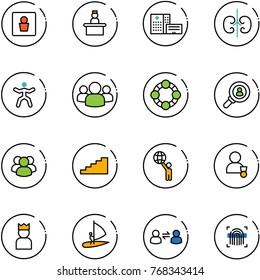 line vector icon set - male wc vector, recieptionist, hospital building, kidneys, gymnastics, group, friends, head hunter, stairs, world, winner, king, windsurfing, information exchange