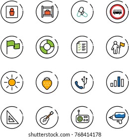 line vector icon set - male wc vector, baggage room, pills, no bus road sign, flag, circle chart, list, win, sun, strawberry, phone, corner ruler, guitar, radio, water gun