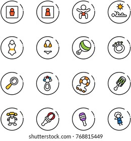 line vector icon set - male wc vector, female, baby, reading, swimsuit, beanbag, teethers, doll