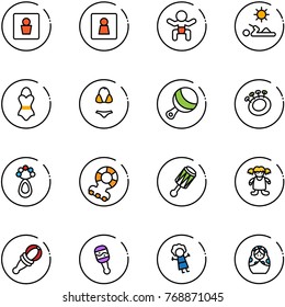 line vector icon set - male wc vector, female, baby, reading, swimsuit, beanbag, teethers, doll, russian