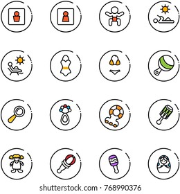 line vector icon set - male wc vector, female, baby, reading, beach, swimsuit, beanbag, teethers, doll, russian