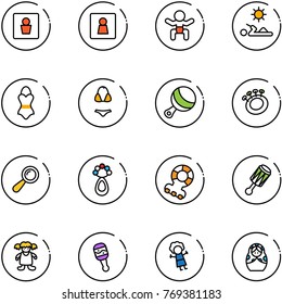 line vector icon set - male wc vector, female, baby, reading, swimsuit, beanbag, teethers, doll, russian