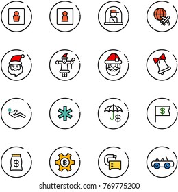 line vector icon set - male wc vector, female, officer window, plane globe, santa claus, bell, abdominal muscles, ambulance star, insurance, dollar flag, money bag, managemet, machine tool, toy car