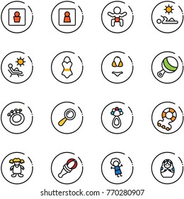 line vector icon set - male wc vector, female, baby, reading, beach, swimsuit, beanbag, teethers, doll, russian
