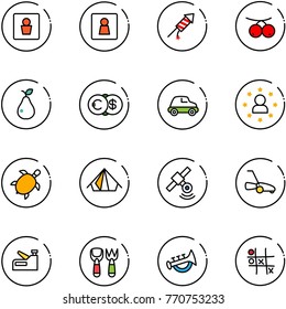 line vector icon set - male wc vector, female, firework rocket, rowanberry, pear, euro dollar, car, star man, sea turtle, tent, satellite, lawn mower, stapler, shovel fork toy, horn, Tic tac toe
