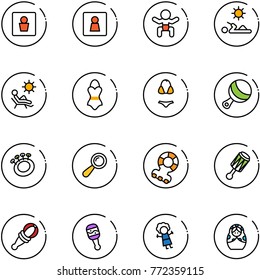 line vector icon set - male wc vector, female, baby, reading, beach, swimsuit, beanbag, teethers, doll, russian