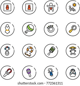 line vector icon set - male wc vector, female, baby, beach, swimsuit, beanbag, teethers, doll, russian