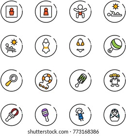 line vector icon set - male wc vector, female, baby, reading, beach, swimsuit, beanbag, teethers, doll, russian