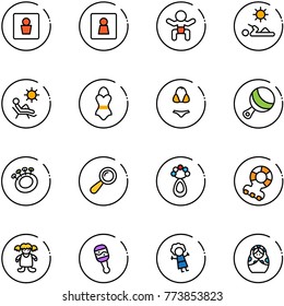 line vector icon set - male wc vector, female, baby, reading, beach, swimsuit, beanbag, teethers, doll, russian