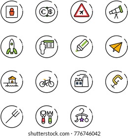 line vector icon set - male wc vector, euro dollar, airport road sign, telescope, rocket, presentation, highlight marker, paper fly, bungalow, bike, plant, clamp, farm fork, shovel toy