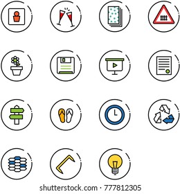 line vector icon set - male wc vector, wine glasses, breads, railway intersection road sign, flower pot, save, presentation board, agreement, signpost, flip flops, clock, recycling, carbon, staple