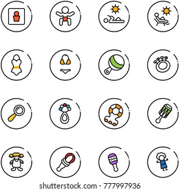 line vector icon set - male wc vector, baby, reading, beach, swimsuit, beanbag, teethers, doll