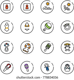 line vector icon set - male wc vector, female, reading, beach, swimsuit, beanbag, teethers, doll, russian