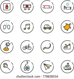 line vector icon set - male wc vector, bow, sleigh, hospital bed, lungs, music, car, sea turtle, palm, bike, sickle, stapler, horse stick toy, yoyo, paper plane, boat