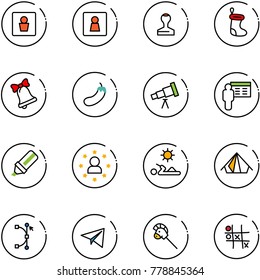 line vector icon set - male wc vector, female, stamp, christmas sock, bell, eggplant, telescope, presentation, highlight marker, star man, reading, tent, bezier, paper plane, horse stick toy
