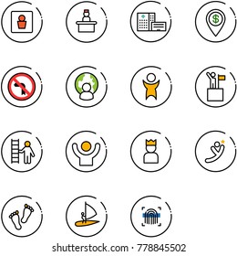line vector icon set - male wc vector, recieptionist, hospital building, dollar pin, no left turn road sign, man globe, success, win, opportunity, king, flying, feet, windsurfing