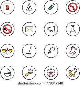 line vector icon set - male wc vector, christmas tree, syringe, no left turn road sign, horn, mail, loudspeaker, chess queen, dragonfly, rake, oiler, chicken toy, sailboat, beanbag, soccer ball