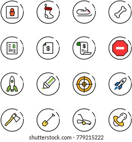 line vector icon set - male wc vector, christmas sock, snowmobile, broken bone, account statement, history, no way road sign, rocket, highlight marker, target, axe, shovel, lawn mower, soother