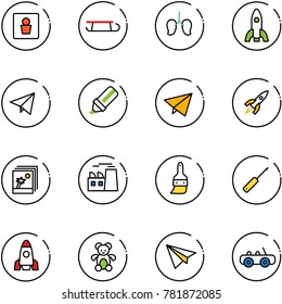 line vector icon set - male wc vector, sleigh, lungs, rocket, paper fly, highlight marker, photo, plant, brush, awl, bear toy, plane, car
