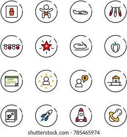 line vector icon set - male wc vector, baby, small plane, garland, christmas star, snowmobile, sweet pepper, schedule, man, money dialog, bungalow, photo, rocket, soother