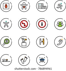 line vector icon set - male wc vector, baby, hospital building, run, gymnastics, no left turn road sign, pedestrian, group, search money, win, agreement, flying man, swimming, feet