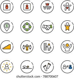 line vector icon set - male wc vector, female, vip, baby, dollar pin, friends, agreement, success, stairs, team leader, opportunity, star man, swimming, feet, information exchange