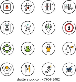 line vector icon set - male wc vector, baby, ski, hospital building, pull ups, gymnastics, dollar pin, no pedestrian road sign, friends, group, success, win, agreement, flying man
