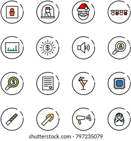 line vector icon set - male wc vector, officer window, santa claus, garland, statistics, dollar sun, volume medium, head hunter, search money, agreement, drink, cpu, drill, tile, dryer, russian doll