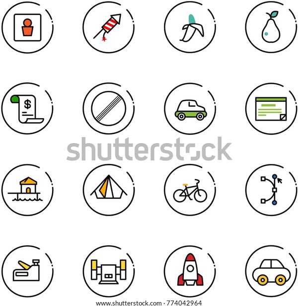 line vector icon set -\
male wc vector, firework rocket, banana, pear, account history, no\
limit road sign, car, schedule, bungalow, tent, bike, bezier,\
stapler, sharpening