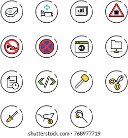line vector icon set - meat vector, hospital bed, statistics report, tunnel road sign, no horn, stop, browser globe, network folder, history, tag code, rubber hammer, scissors, clinch, wheelbarrow
