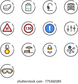 line vector icon set - meat vector, pulse clipboard, pound, money chest, oncoming traffic road sign, speed limit 130, only forward, settings, star medal, inflatable pool, swimsuit, molecule