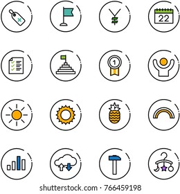 line vector icon set - medical label vector, flag, yen, calendar, list, pyramid, gold medal, success, sun, pineapple, rainbow, chart, cloud exchange data, hammer, baby carousel