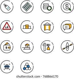 line vector icon set - medical label vector, pills blister, coin, money click, children road sign, pedestal, pennant, dialog, finance management, bungalow, ship bell, kayak, fingerprint scanner