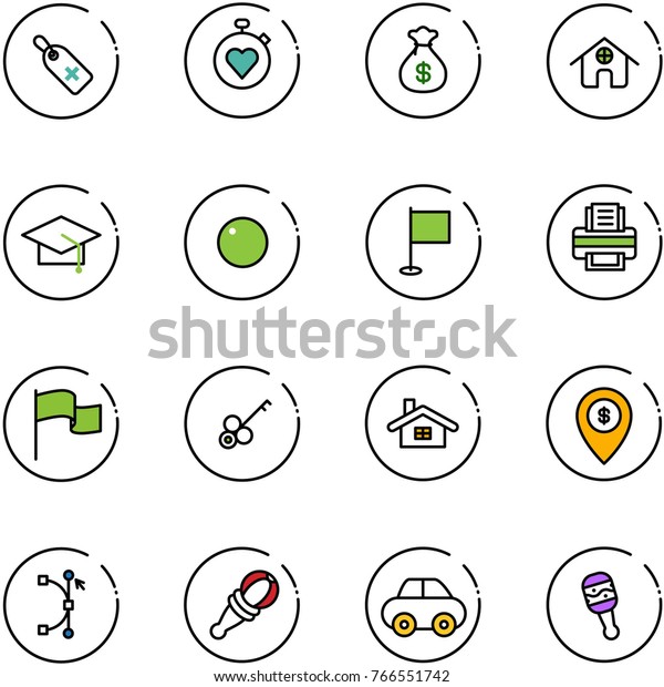 line vector icon set - medical label\
vector, stopwatch heart, money bag, home, graduate hat, record,\
flag, printer, key, atm map pin, bezier, beanbag,\
car