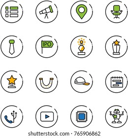 line vector icon set - menu vector, telescope, map pin, office chair, tie, ipo, award, luck, cap, terms plan, phone, playback, cpu, robot