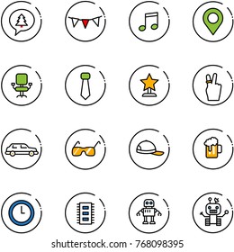 line vector icon set - merry christmas message vector, flag garland, music, map pin, office chair, tie, award, victory, limousine, sunglasses, cap, beer, clock, chip, robot