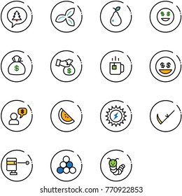 line vector icon set - merry christmas message vector, three leafs, pear, dollar smile, money bag, encashment, green tea, dialog, watermelone, sun power, scythe, laser lever, billiards balls