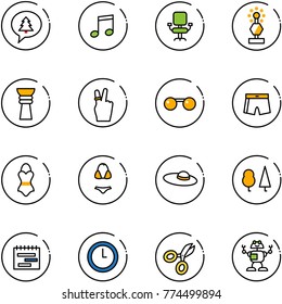 line vector icon set - merry christmas message vector, music, office chair, award, victory, sunglasses, swimsuit, woman hat, forest, terms plan, clock, scissors, robot