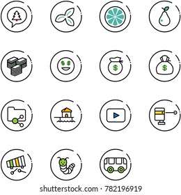 line vector icon set - merry christmas message vector, three leafs, lemon slice, pear, big cash, dollar smile, money bag, shared folder, bungalow, playback, laser lever, xylophone, toy caterpillar