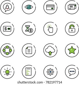 line vector icon set - merry christmas message vector, eye, credit card, account history, hand touch, unlocked, friends, document, upload cloud, star, bulb, gear, chat