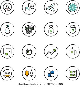 line vector icon set - merry christmas message vector, tonometer, three leafs, lemon slice, pear, big cash, money bag, shared folder, hot tea, growth arrow, green, smile, forest, atom core