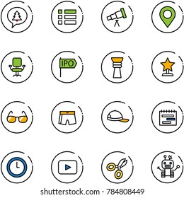 line vector icon set - merry christmas message vector, menu, telescope, map pin, office chair, ipo, award, sunglasses, swimsuit, cap, terms plan, clock, playback, scissors, robot