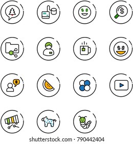 line vector icon set - merry christmas message vector, tonometer, dollar smile, money search, shared folder, manager, green tea, dialog, watermelone, atom core, playback, xylophone, toy horse