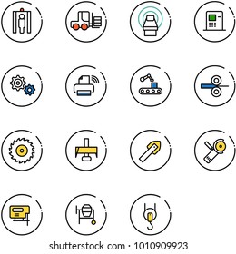 line vector icon set - metal detector gate vector, fork loader, mri, atm, gear, printer wireless, conveyor, steel rolling, saw disk, milling cutter, tile drill, Angular grinder, jig, cocncrete mixer