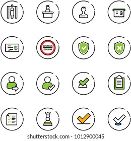 line vector icon set - metal detector gate vector, recieptionist, stamp, receipt, check, customs road sign, shield, cross, user login, clipboard, list, chess queen